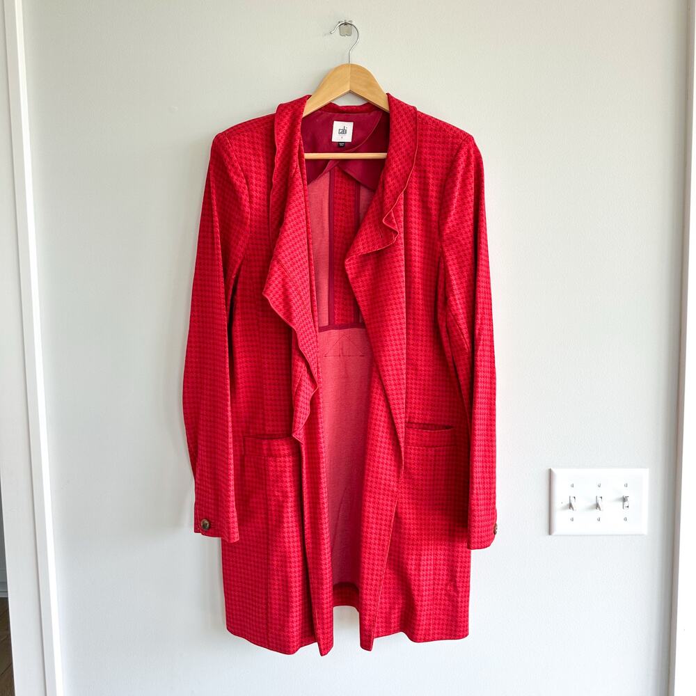 Cabi Houndstooth Ruffle Trim Mid Length Celebration Coat Red L
